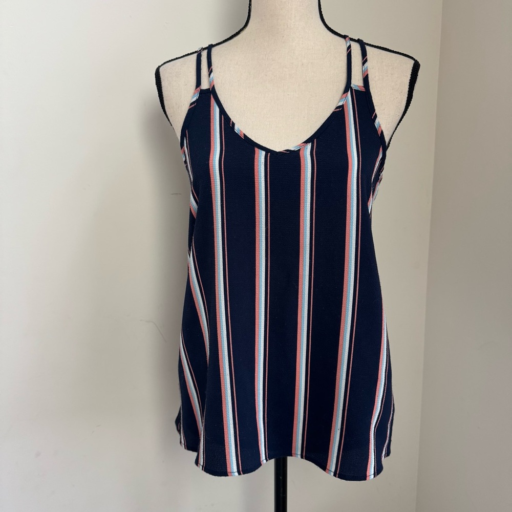Pink Rose Striped Blue Pink Cami Top M Double Strap V-Neck Coastal Cowgirl Boho